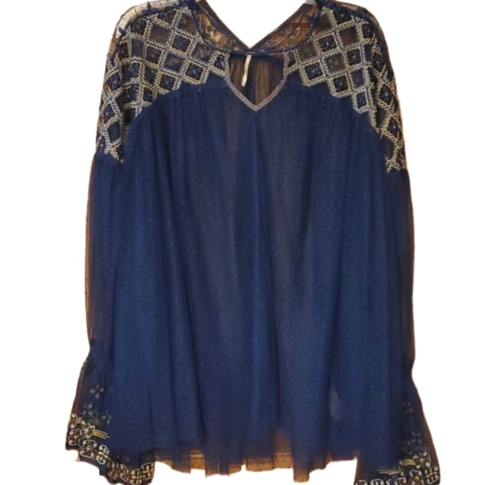 Free People Joyride Blue Mesh Embroidered‎ Sheer Top Size Medium